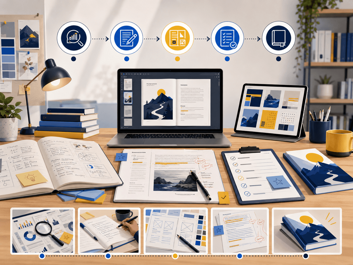 A visual book-making process from research and writing to design, review, and publishing