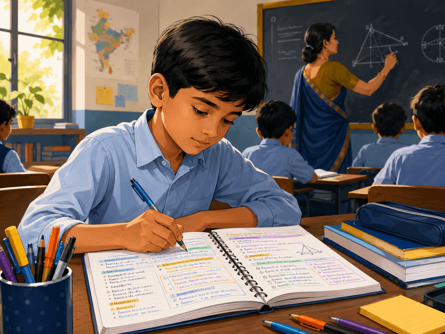 A student writing organized colorful notes in a classroom