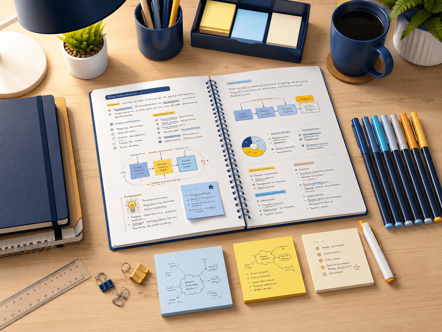 A desk with colorful organized notes, pens, sticky notes, and diagrams