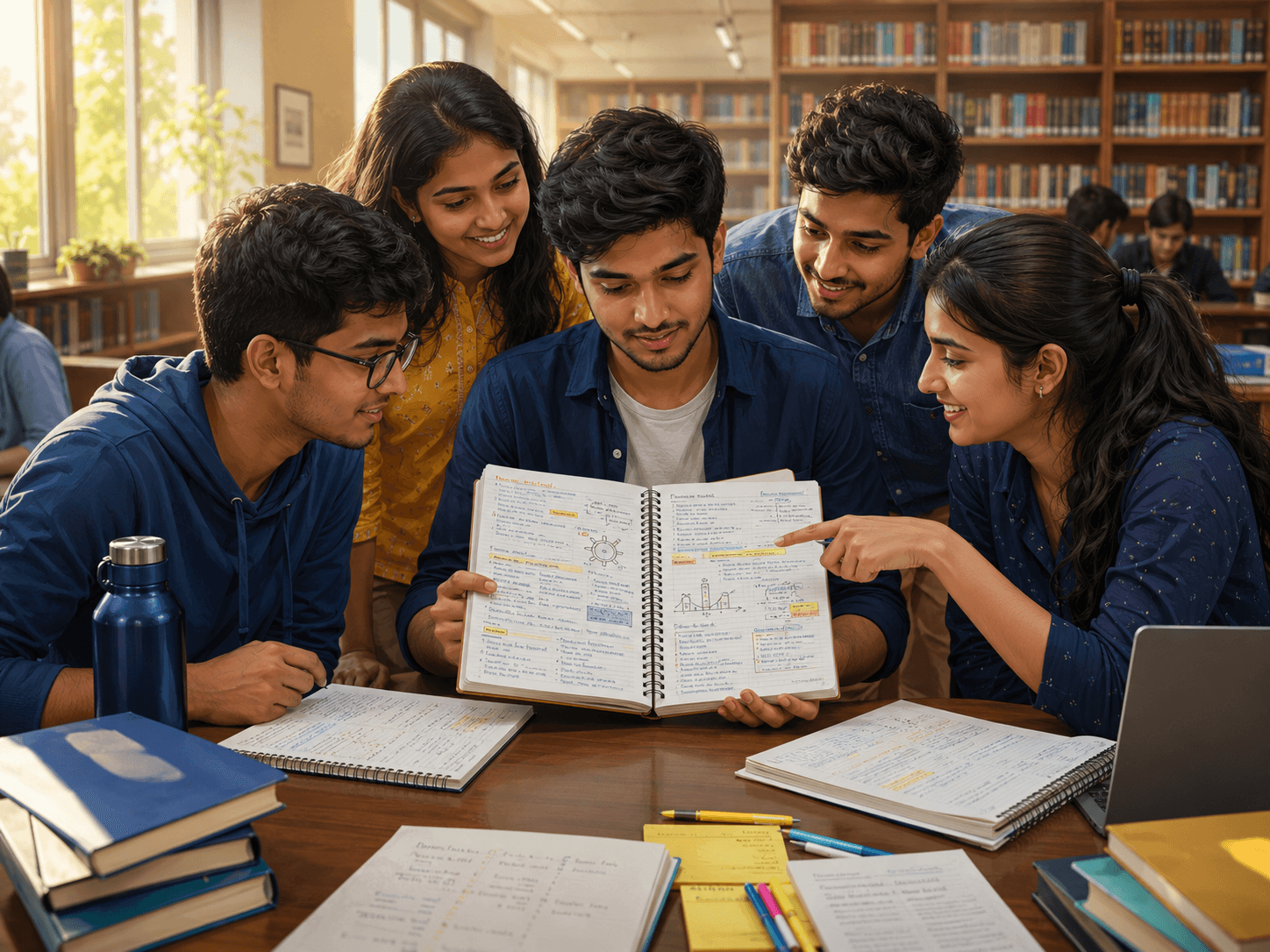 Students gathered around a notebook and discussing clear study notes