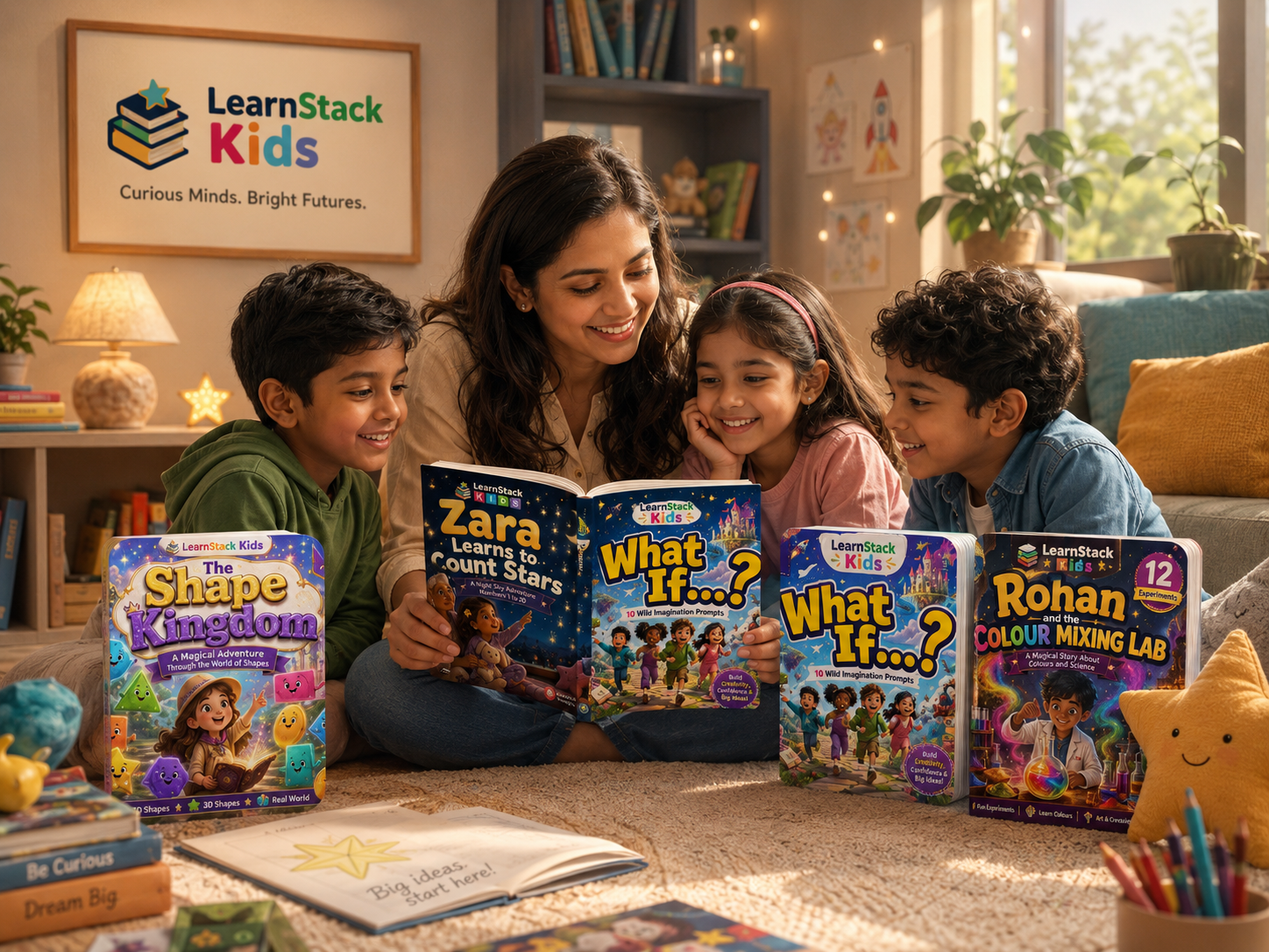 Children and a parent reading colorful LearnStack Kids books together